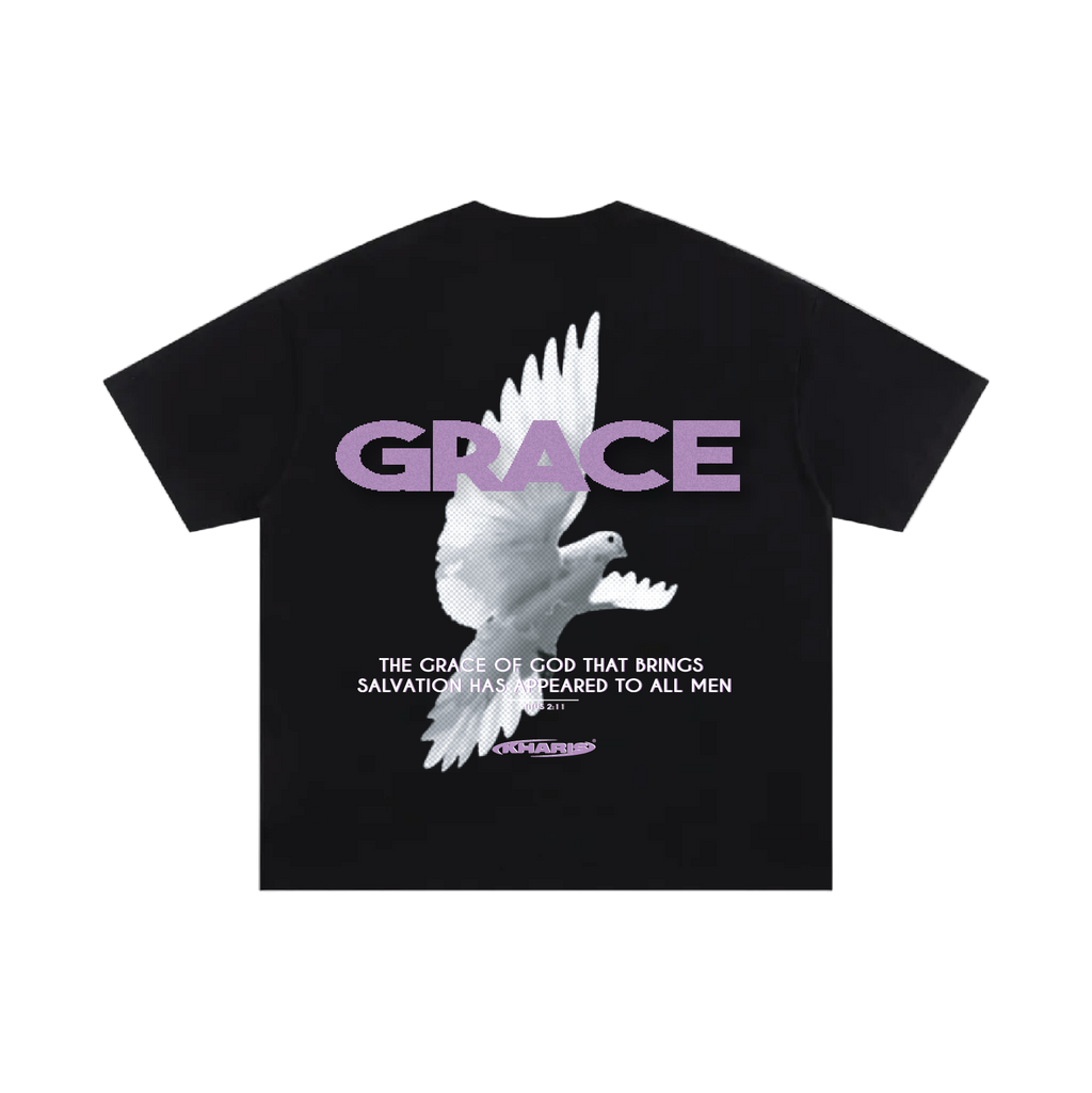 Black t-shirt with a white dove and 'GRACE' text on a white background