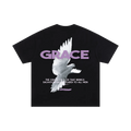 Black t-shirt with a white dove and 'GRACE' text on a white background