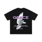 Black t-shirt with a white dove and 'GRACE' text on a white background