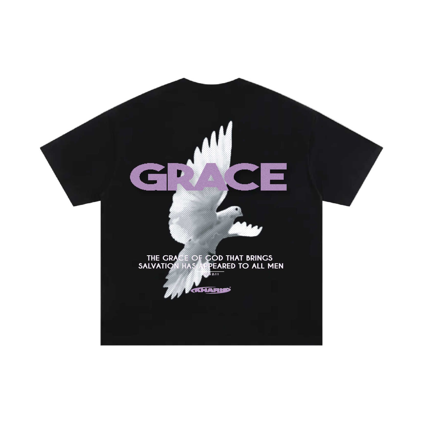 Black t-shirt with a white dove and 'GRACE' text on a white background